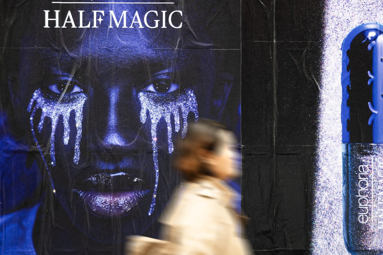 Half Magic Beauty Euphoria collection Wild Posting® creative in New York City, featuring the Half Magic 'Feel Everything' artwork
