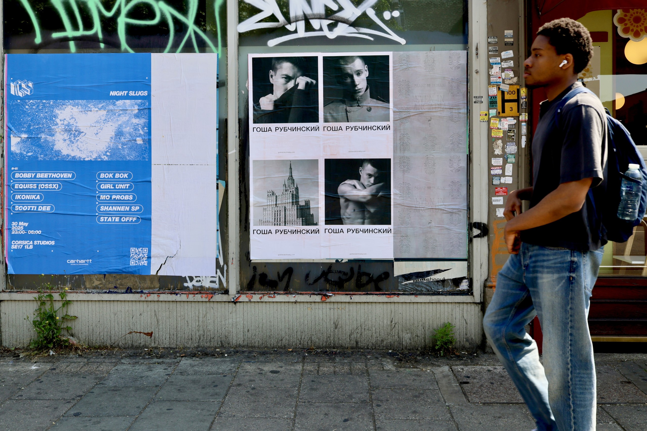 Wild Posting® street posters in London featuring fashion and music creatives placed at eye level along high pedestrian traffic sidewalks.