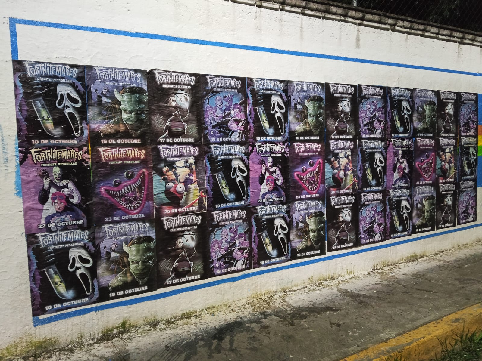 Wild Posting® wall featuring Fortnitemares posters installed in Mexico City, creating high-impact street-level visibility through repeated placements.