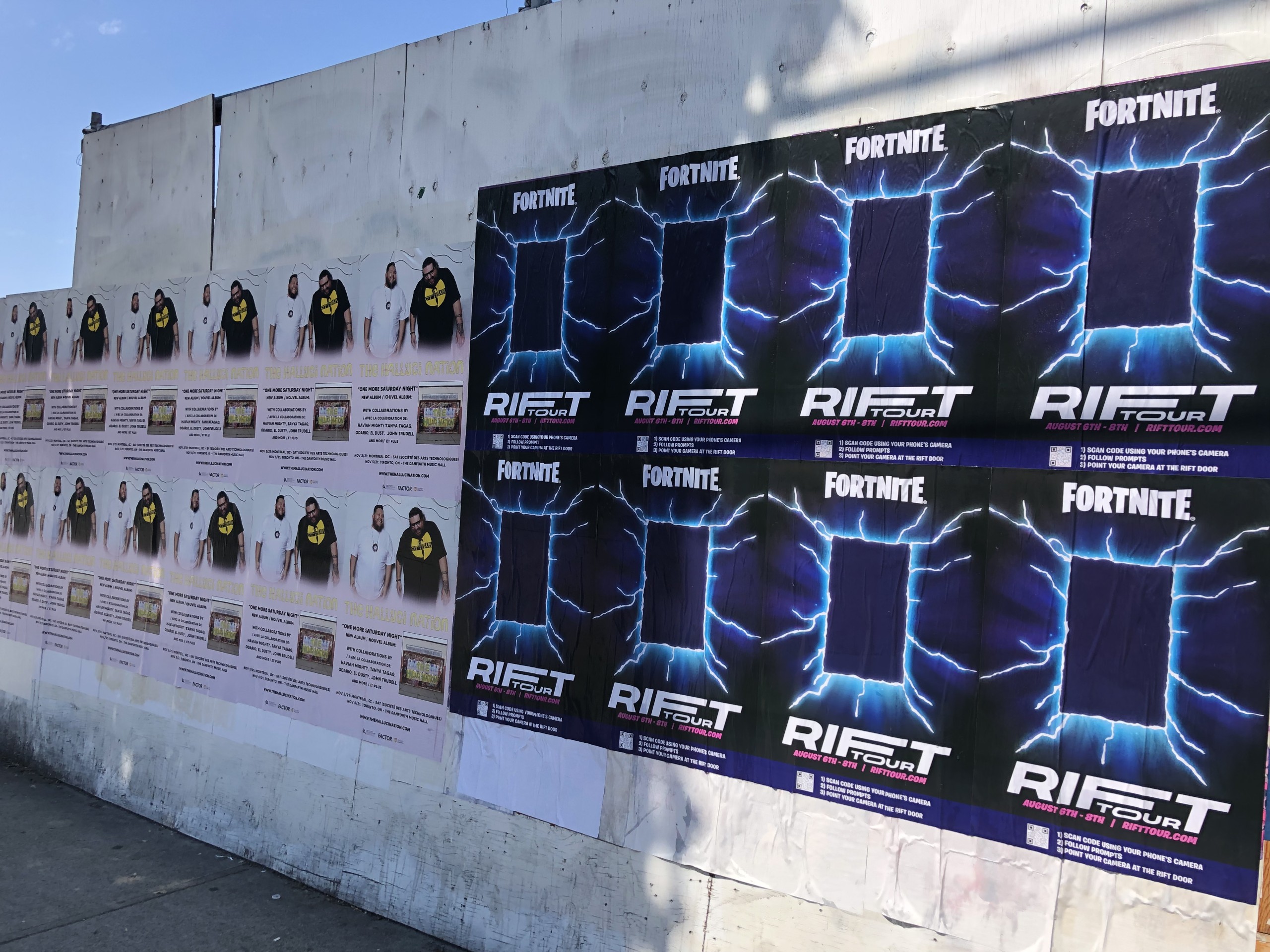 Wild Posting® street-level poster campaign in Vancouver featuring repeated Fortnite Rift Tour poster placements