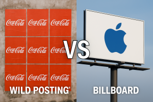 wild-posting-vs-billboard-advertising-comparison š WILD POSTINGĀ® Wild PostingĀ® posters on a wall compared to a traditional billboard ad in the city